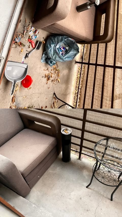 Balkon przed i po sprzątaniu: śmieci, zmiotka, szufelka, worek na śmieci, czysta podłoga, meble balkonowe. Widok z góry, kontrastujące ujęcie.