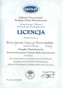 Skan licencji Zarządcy Nieruchomości Moniki Agnieszki Trojańczyk Bremer, wydanej przez Federację Porozumienie Polskiego Rynku Nieruchomości.