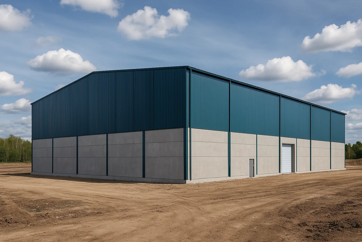 Gotowa hala z blachy trapezowej w kolorze niebieskim i betonową podmurówką, na placu budowy z widocznymi śladami opon. Błękitne niebo z chmurami w tle.