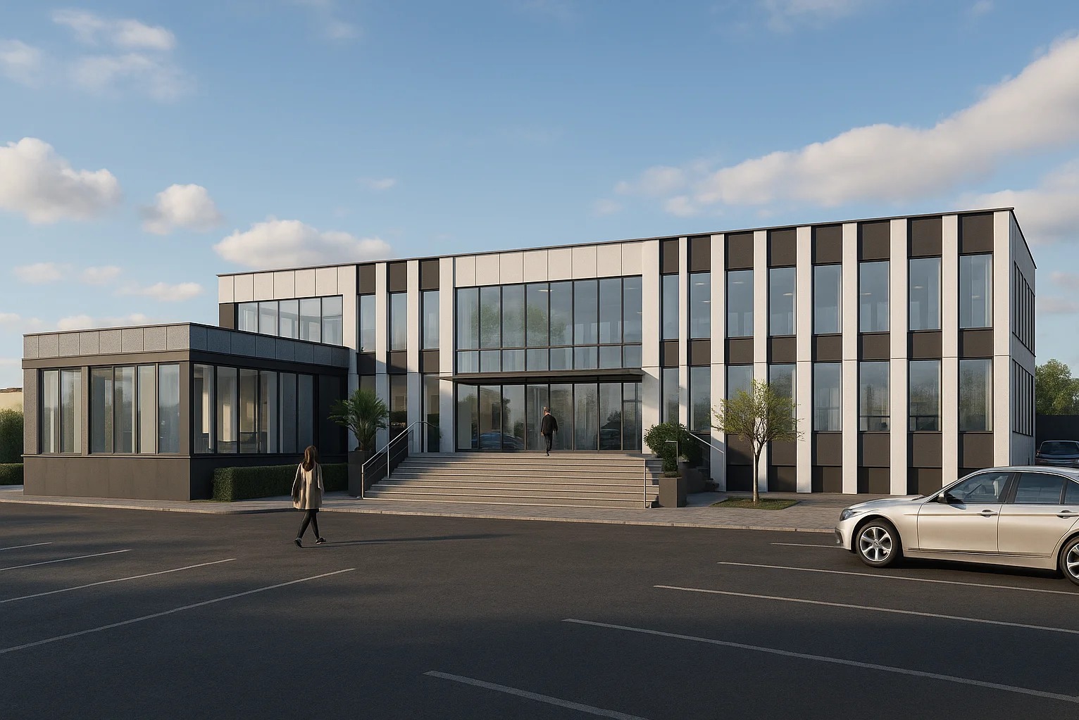 Wizualizacja budynku usługowego z elementami stali i szkła, z osobami wchodzącymi do środka. Jasna elewacja, duże okna, nowoczesna architektura, samochód na parkingu.