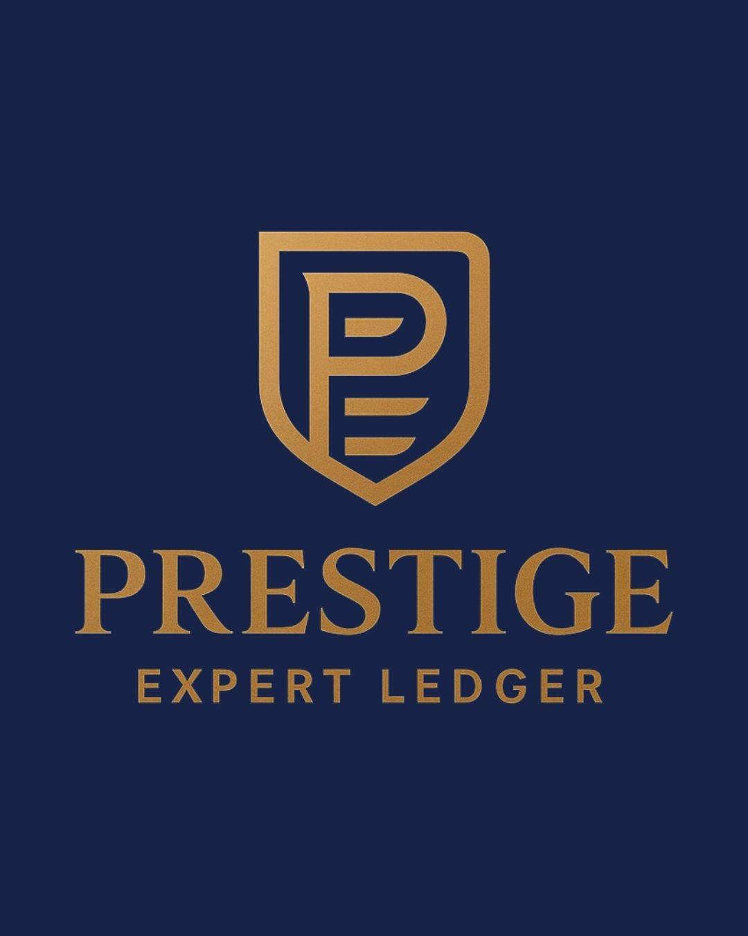 Złote logo firmy 'Prestige Expert Ledger' na granatowym tle. Logo w kształcie tarczy z literą P. Elegancki font, profesjonalny wizerunek.