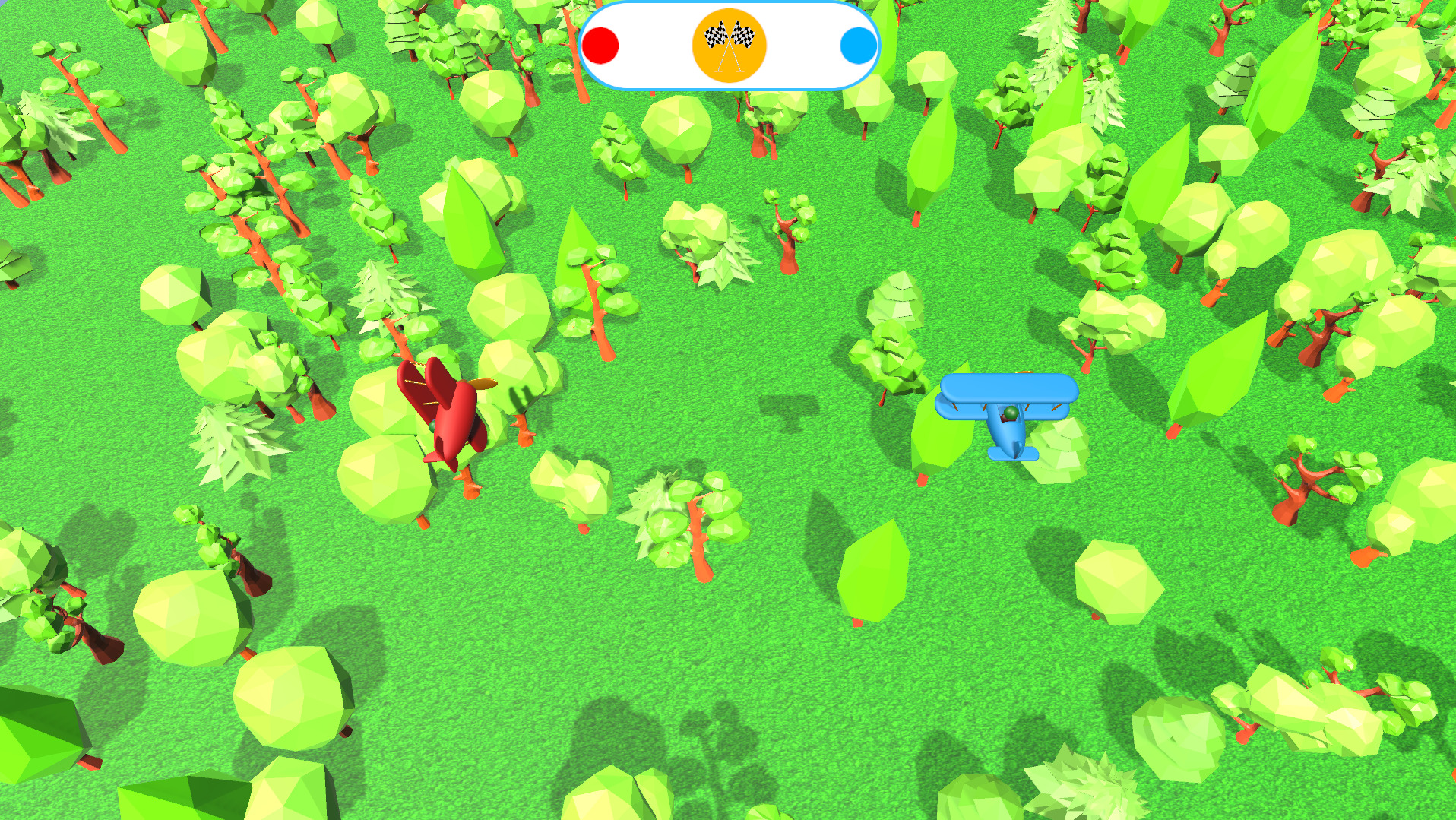 Grafika 3D przedstawia grę interaktywną z widokiem z góry, gdzie dwa samoloty rywalizują na zielonej łące z drzewami. Na górze widoczny pasek postępu z flagami.