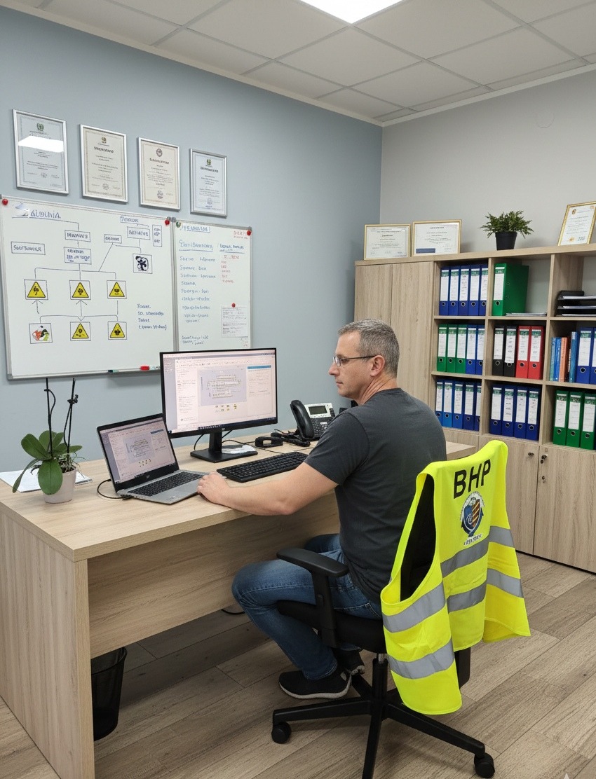 Mężczyzna przy biurku z laptopem i monitorem, w tle tablica z schematami i certyfikaty. Na krześle leży kamizelka odblaskowa z napisem BHP.