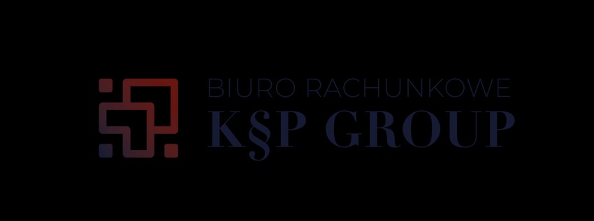Logo biura rachunkowego KSP Group na czarnym tle. Geometryczny symbol po lewej, nazwa firmy po prawej, w odcieniach granatu i czerwieni.