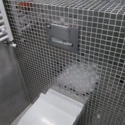 WW-REM - Nowoczesna toaleta z mozaiką w odcieniach szarości i srebrny przycisk spłuczki. Widoczny fragment grzejnika i surowy beton nad płytkami.