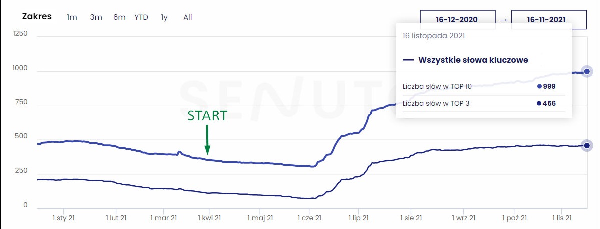 Wykres liniowy prezentujący wzrost liczby słów kluczowych w TOP 10 i TOP 3 wyszukiwarki, z zaznaczonym punktem startowym i datami od grudnia 2020 do listopada 2021.