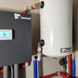 Tetiana Senkiv - Biały zasobnik ciepłej wody użytkowej Kensol z szarą obudową kotła i rurami w izolacji czerwonej i niebieskiej, zamontowany na ścianie w pomieszczeniu technicznym.