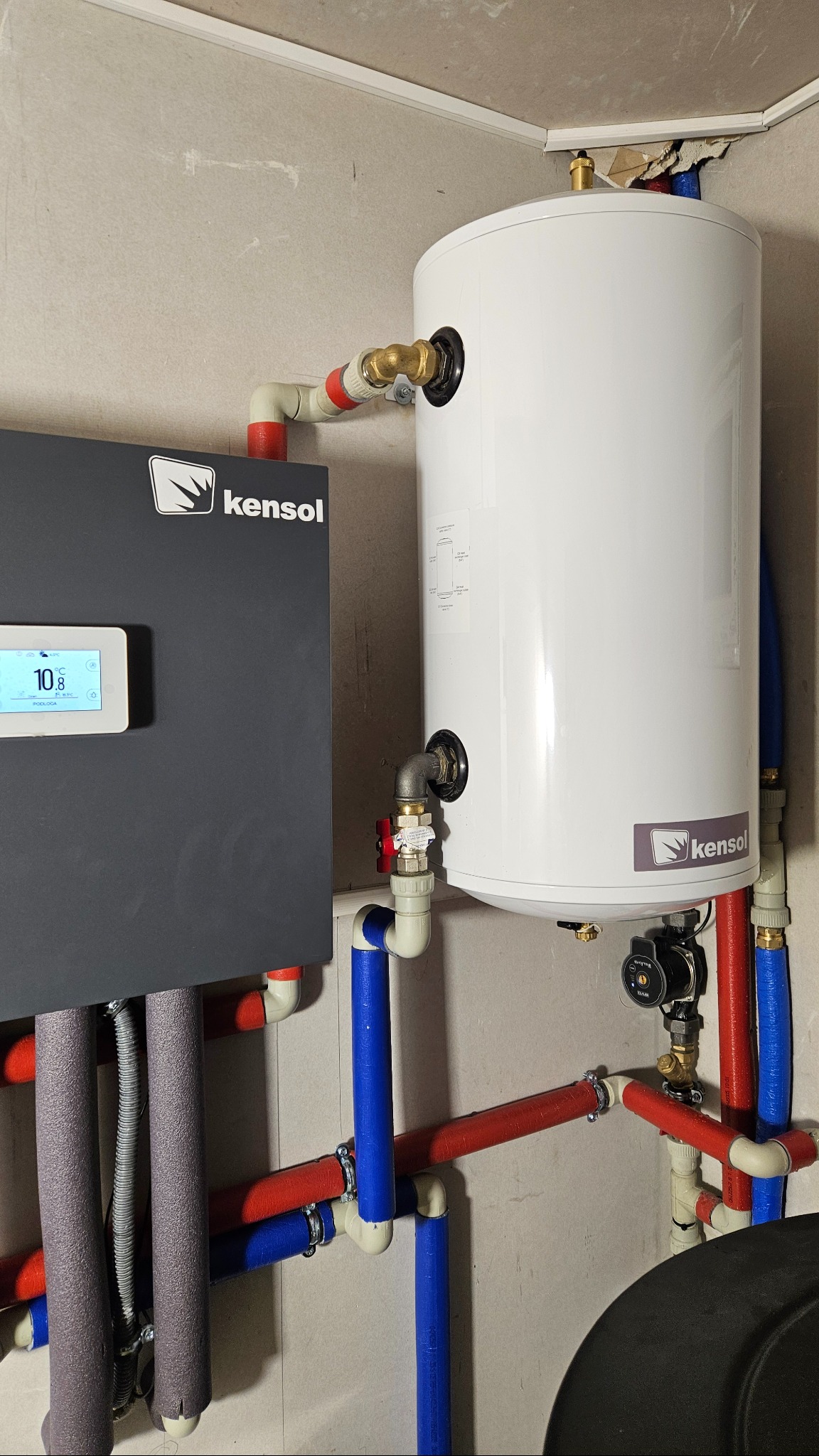 Biały zasobnik ciepłej wody użytkowej Kensol z szarą obudową kotła i rurami w izolacji czerwonej i niebieskiej, zamontowany na ścianie w pomieszczeniu technicznym.