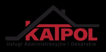 Czerwono-szary logotyp firmy 'KATPOL' na czarnym tle, z motywem dachu i tekstem 'Usługi Administracyjne i Dekarskie' poniżej.