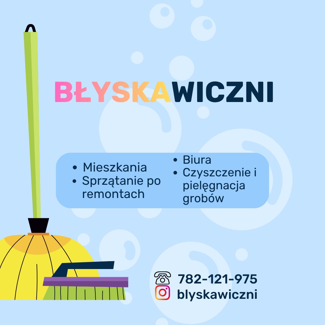 Grafika z mopem i listą usług sprzątania: mieszkań, biur, sprzątania po remontach i pielęgnacji grobów. Kontakt telefoniczny i nazwa firmy.