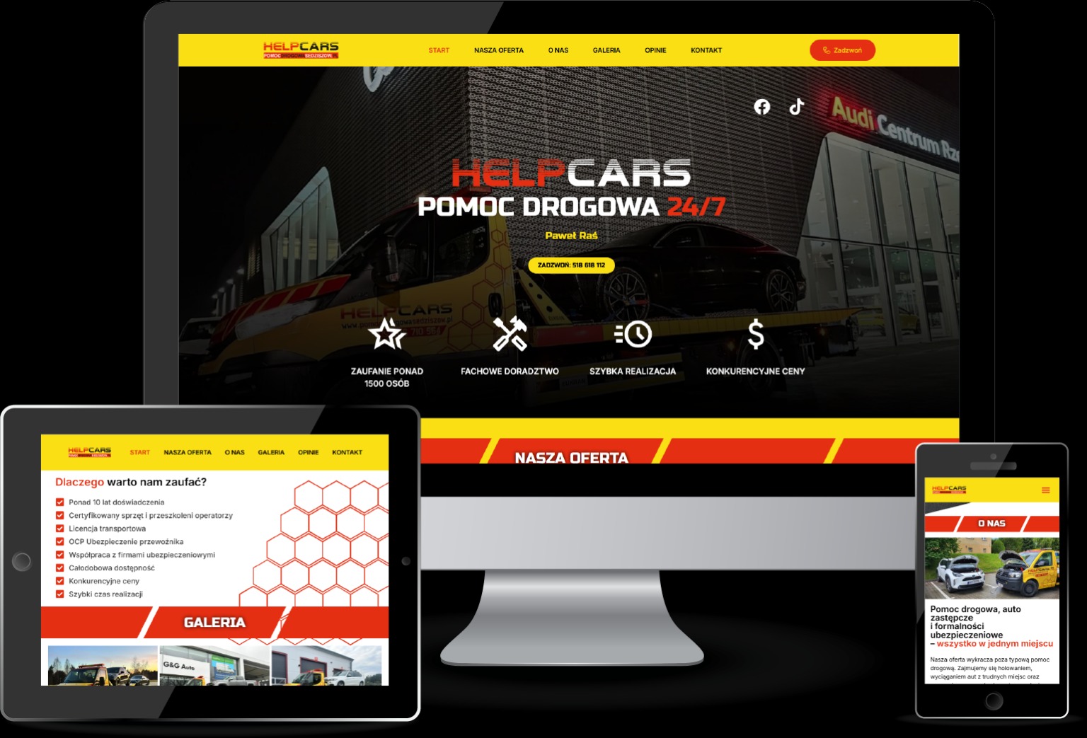 Responsywna strona WWW 'HelpCars' na monitorze, tablecie i smartfonie. Układ strony z menu, ofertą pomocy drogowej 24/7 i galerią. Grafika z lawetą i Audi Centrum Rz.