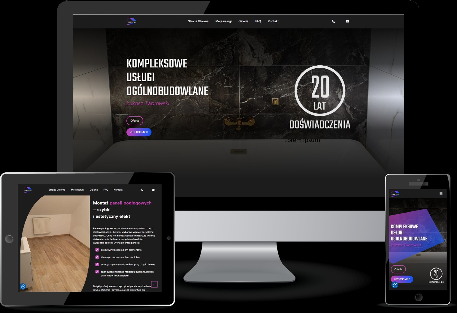 Responsywna strona WWW na urządzeniach: komputer, tablet, smartfon. Prezentacja usług ogólnobudowlanych z numerem telefonu i logo firmy.