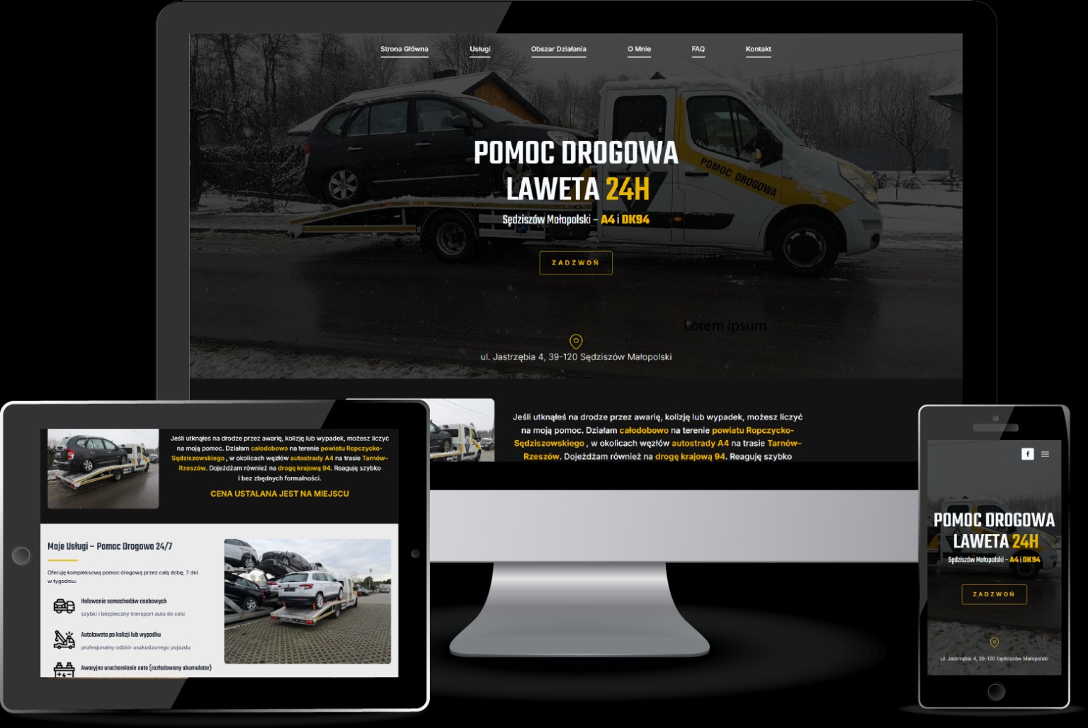 Responsywna strona WWW pomocy drogowej na różnych urządzeniach: komputer, tablet, smartfon. Widoczny laweta i tekst 'Pomoc Drogowa Laweta 24H'.