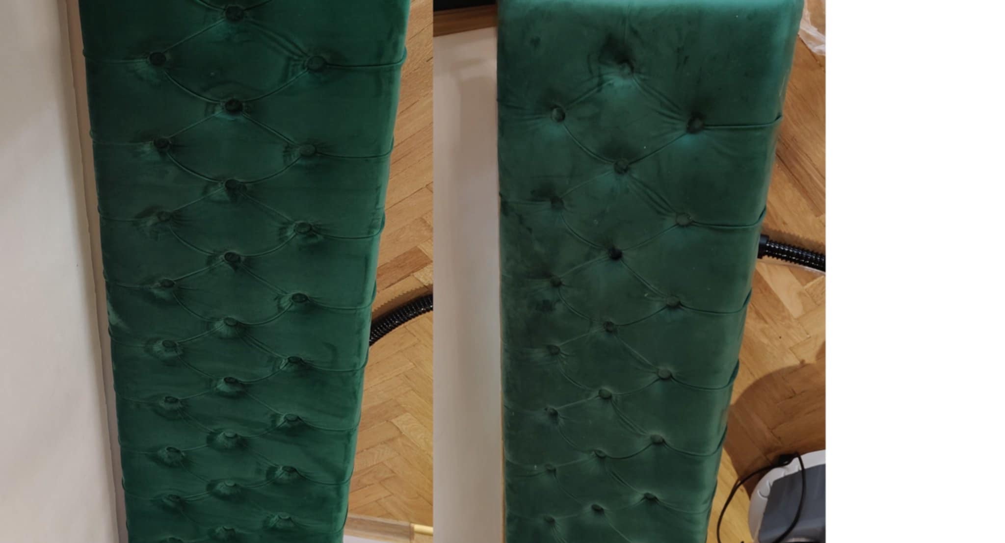 Zdjęcie 'przed i po' prania fragmentu zielonego, pikowanego zagłówka łóżka. Po lewej stronie widoczny fragment odkurzacza piorącego.