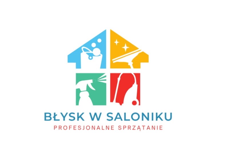 Kolorowe logo firmy sprzątającej: wiadro z pianą, myjka do okien, butelka ze spryskiwaczem i odkurzacz. Pod spodem nazwa firmy i napis 'Profesjonalne sprzątanie'.