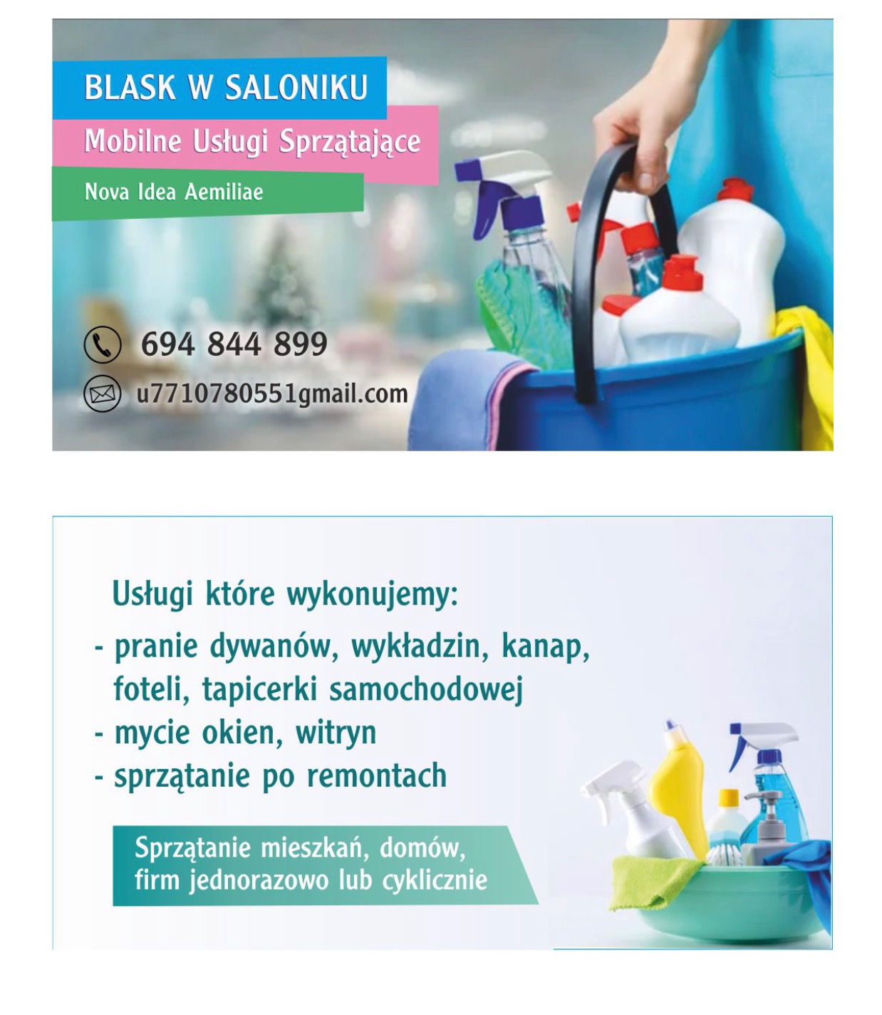 Reklama firmy sprzątającej: wiadro ze środkami czystości, oferta usług (pranie dywanów, mycie okien, sprzątanie po remontach) i dane kontaktowe.