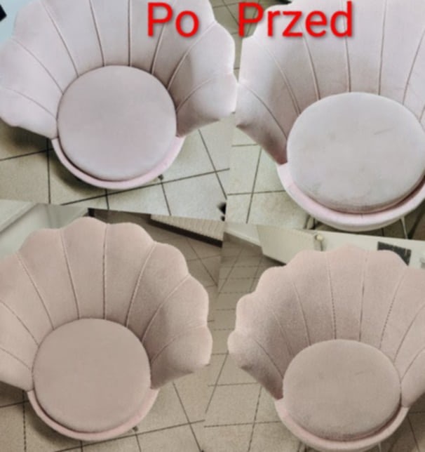 Różowy fotel w kształcie muszli przed i po czyszczeniu, widoczne różnice w odcieniu i czystości tapicerki. Ujęcie z góry, ukazujące detale i efekt odświeżenia.