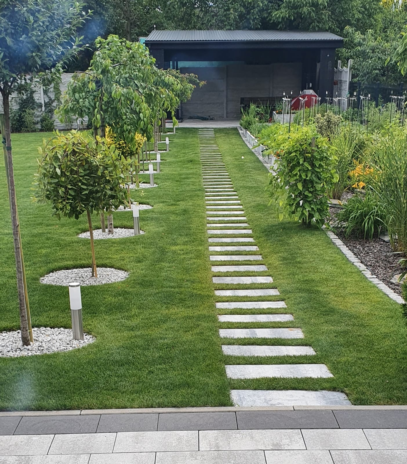 Uporządkowany ogród z równo przystrzyżonym trawnikiem, ścieżką z płyt i rzędem drzewek z lampami, prowadzącą do zacienionej altany w tle.