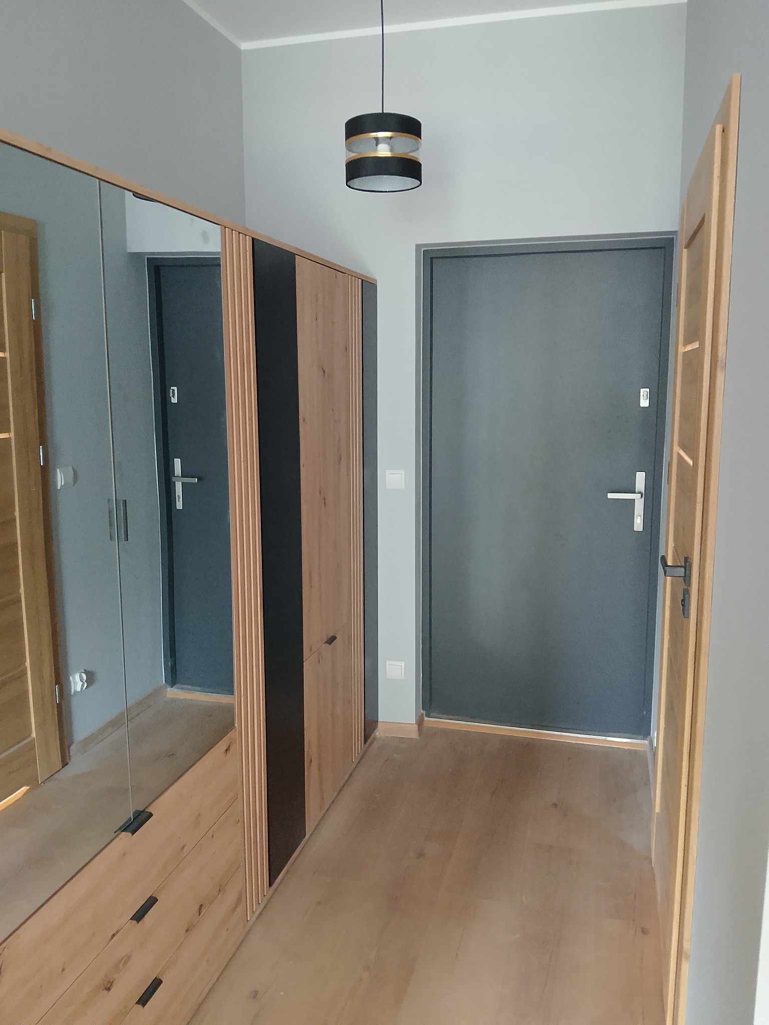 Nowoczesny przedpokój z drewnianą szafą z lustrem i szarą ścianą. Widoczne dwoje drzwi: wewnętrzne drewniane i zewnętrzne szare. Minimalistyczna lampa sufitowa.