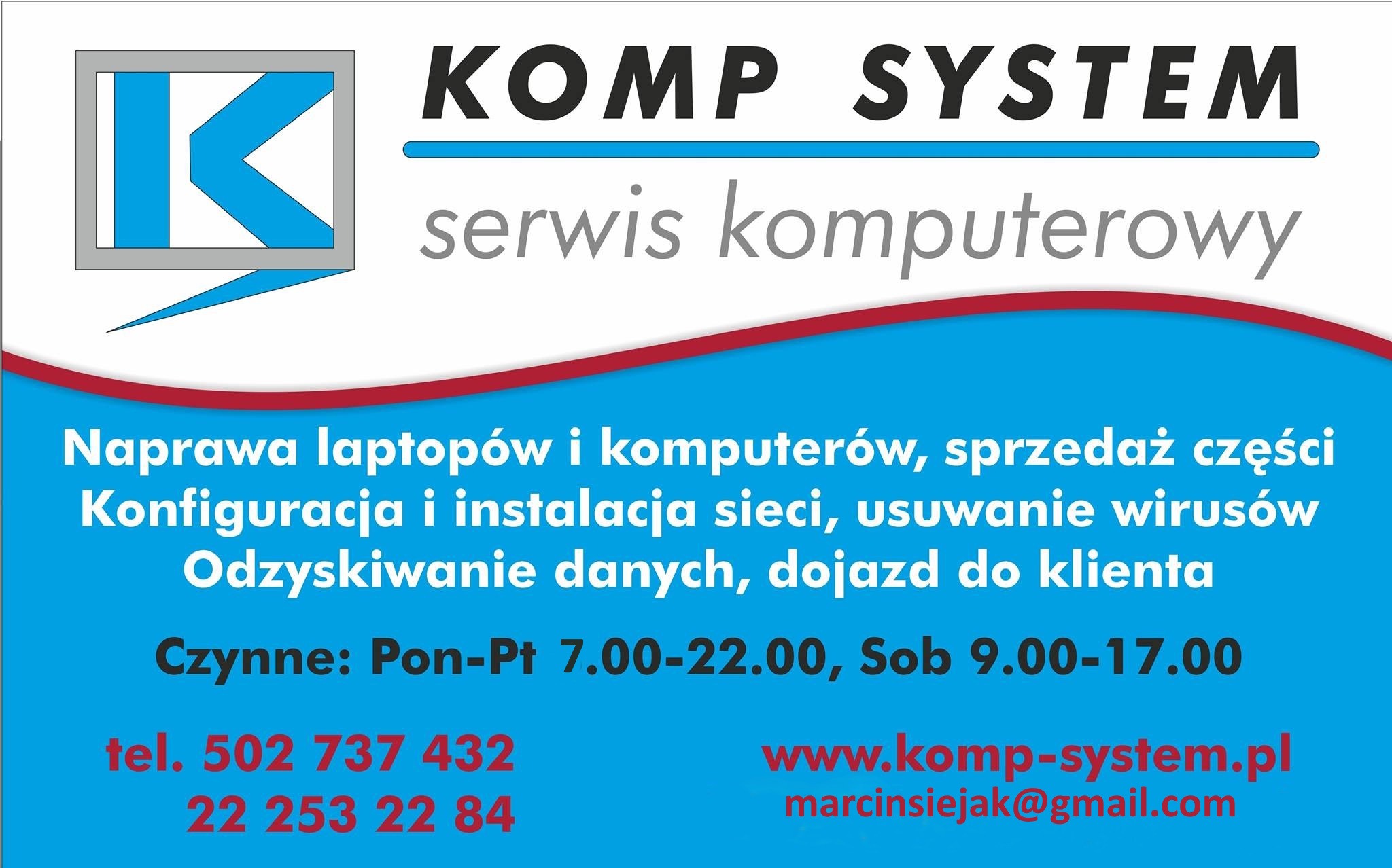 Grafika reklamowa serwisu komputerowego 'KOMP SYSTEM' z ofertą naprawy laptopów, konfiguracji sieci, odzyskiwania danych i informacją o godzinach otwarcia.