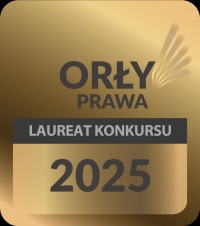 Złota statuetka 'Orły Prawa - Laureat Konkursu 2025' na ciemnym tle. Nagroda prawnicza z wyraźnym rokiem.