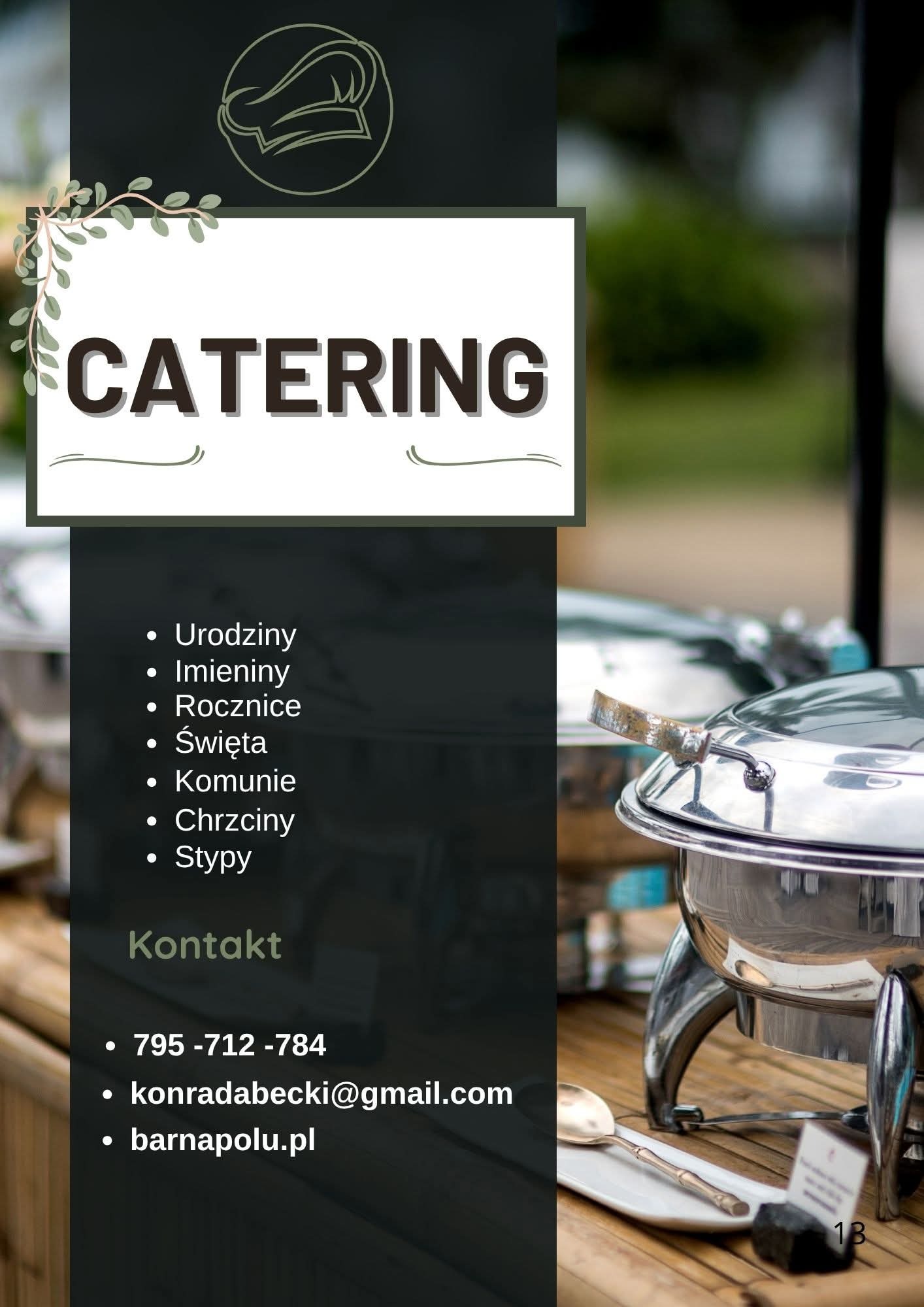 Grafika cateringowa z ofertą na urodziny, komunie, święta i stypy. Widoczne bufety cateringowe w tle. Kontakt: telefon, email i strona internetowa.