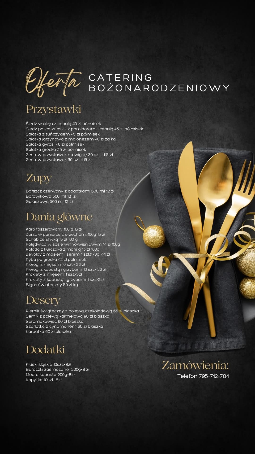 Menu cateringowe na święta Bożego Narodzenia z cenami, elegancko zaprezentowane na ciemnym tle z dekoracjami i złotymi sztućcami.