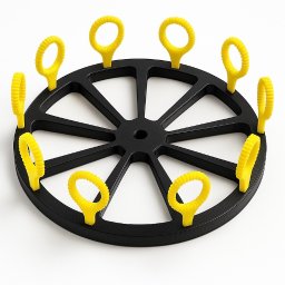 HexoCAD - Czarny, okrągły element z wydrukowanymi w 3D, żółtymi uchwytami. Precyzyjny detal, gładkie wykończenie. Widok z góry na białym tle.