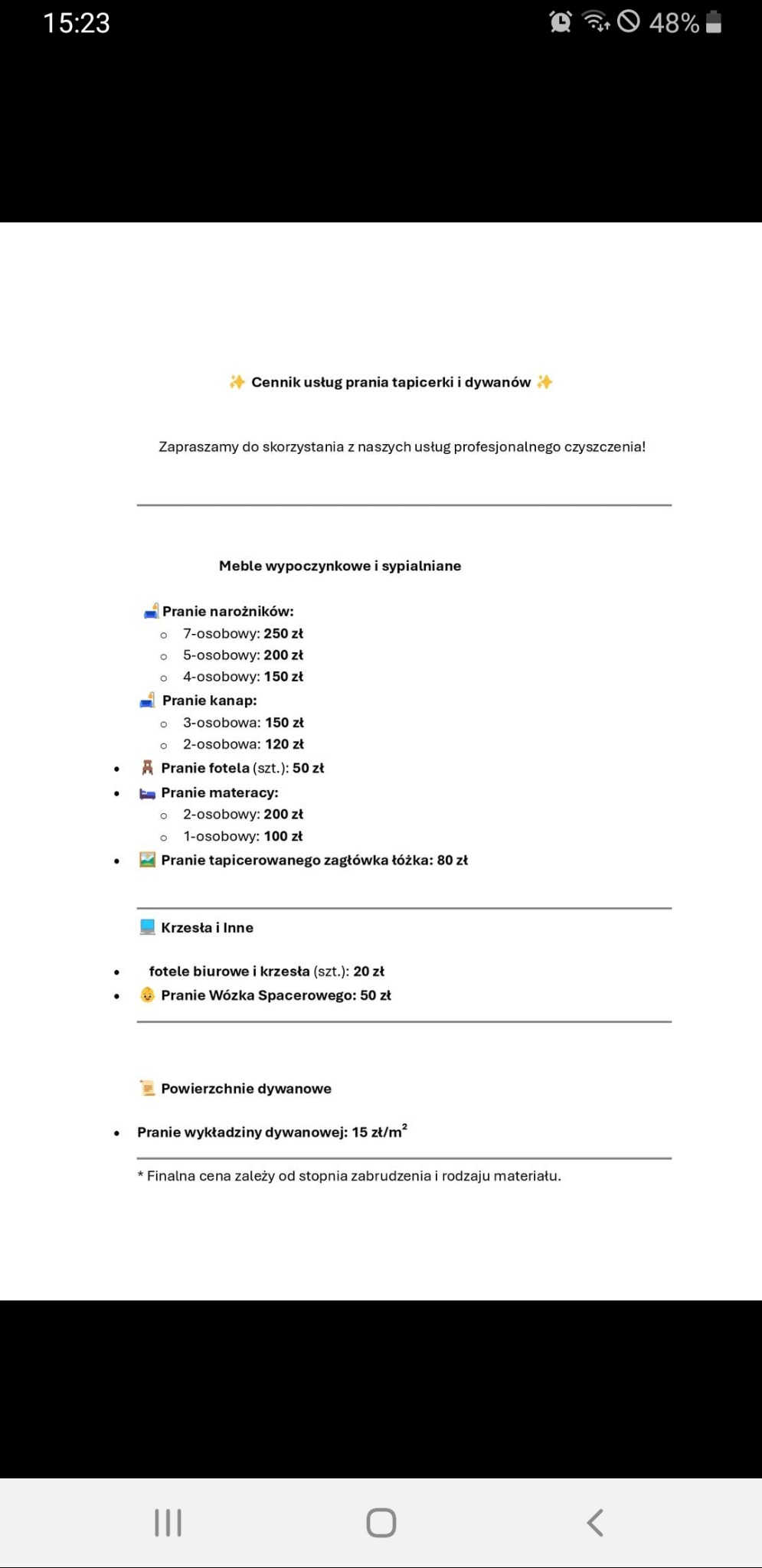 Cennik usług prania tapicerki i dywanów, obejmujący pranie narożników, kanap, foteli, materacy, zagłówków, krzeseł biurowych, wózków spacerowych i wykładzin dywanowych z cenami.