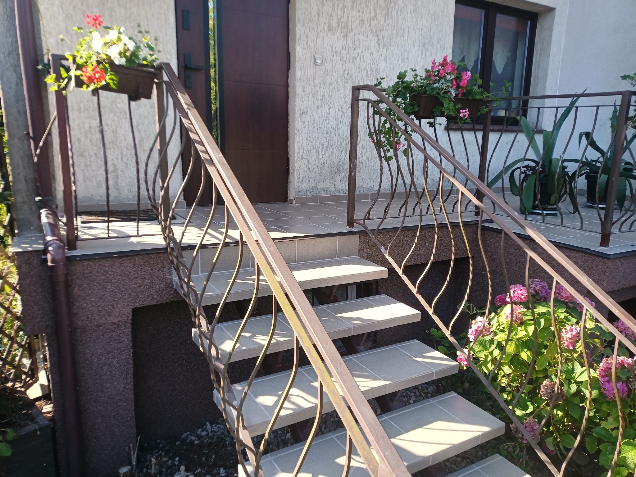 Zewnętrzne schody z beżowych płytek prowadzące do drzwi wejściowych, z metalową balustradą zdobioną kwiatami w donicach i krzewami hortensji u podstawy.