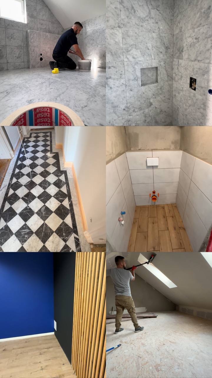 Mozaika zdjęć z realizacji: glazurnik układa marmurowe płytki w łazience, podłoga w szachownicę, białe płytki w małej łazience, malowanie ścian na niebiesko.