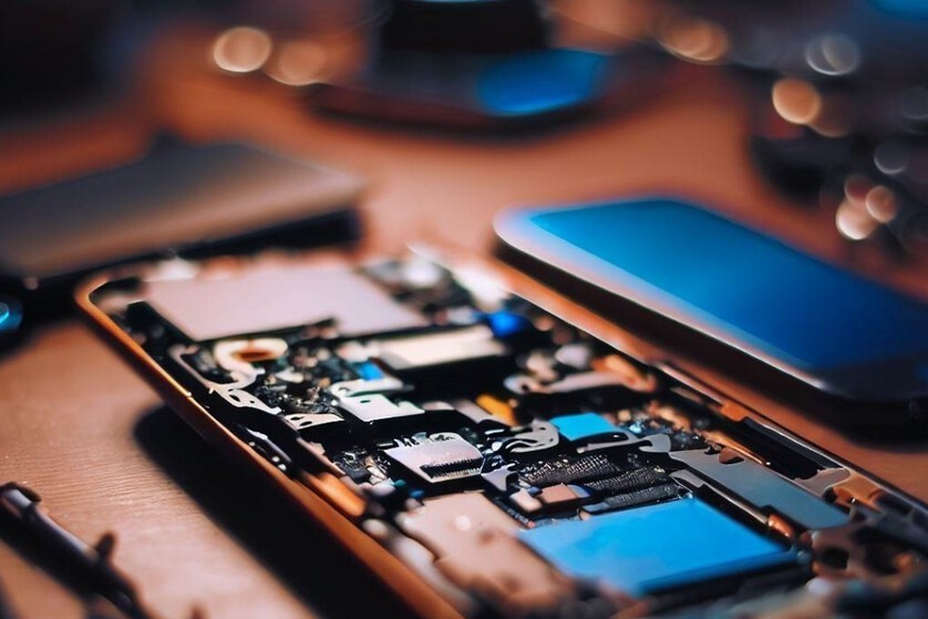 Rozłożony smartfon z widocznymi elementami wewnętrznymi, obok leży drugi telefon z niebieskim ekranem. Precyzyjna naprawa elektroniki w zbliżeniu.