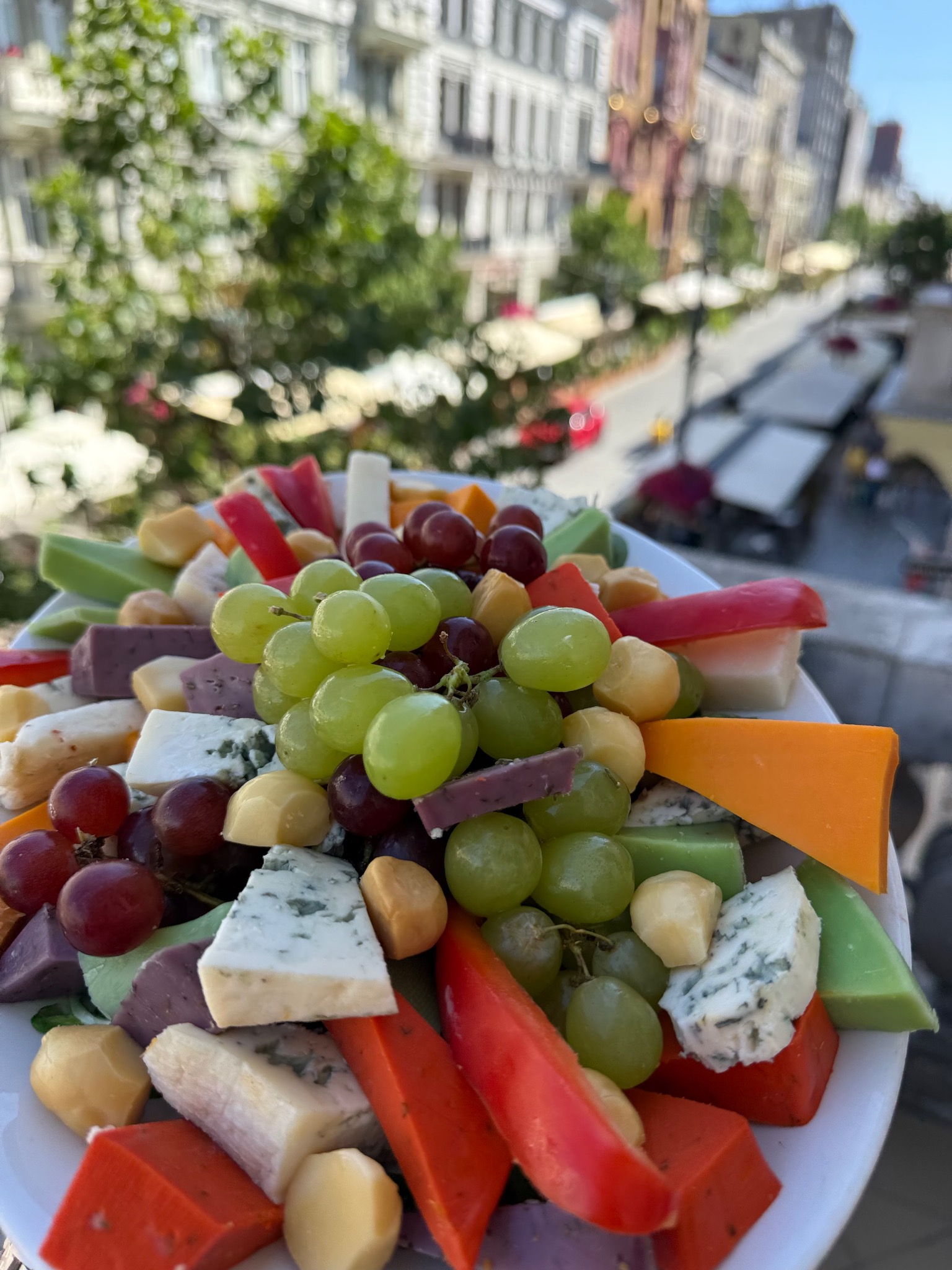 Kolorowa deska serów i winogron na białym talerzu, z rozmytym widokiem na miasto w tle. Różnorodność smaków i barw, idealna na eleganckie przyjęcie.
