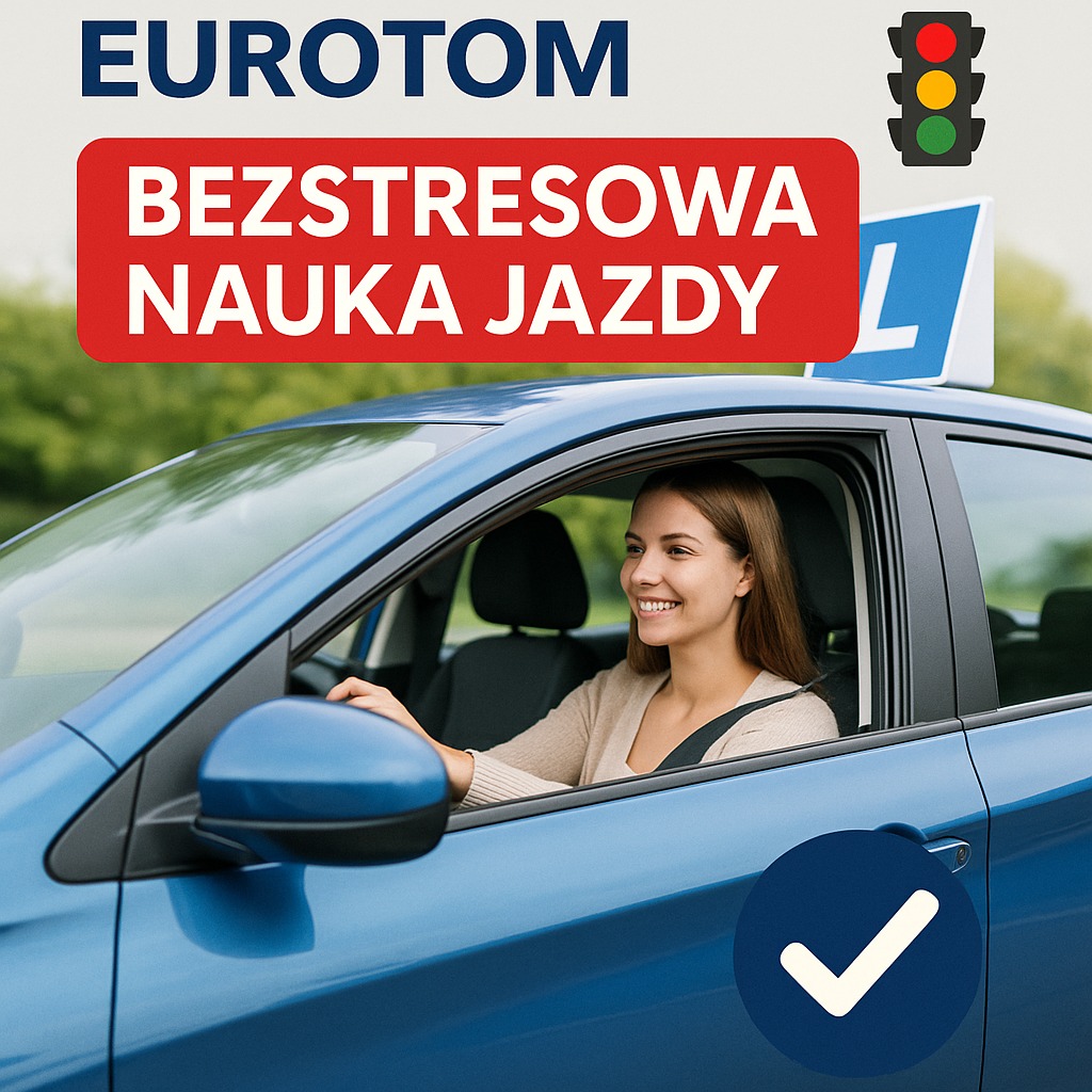 Uśmiechnięta kursantka za kierownicą niebieskiego auta z oznaczeniem 'L', sygnalizacja świetlna i napis 'Bezstresowa nauka jazdy'.