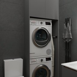 Kiryl Stepaniuk DS Studio - Nowoczesna łazienka w szarościach z pralką i suszarką w zabudowie, drewnopodobna podłoga, minimalistyczna armatura i teksturowane ściany.