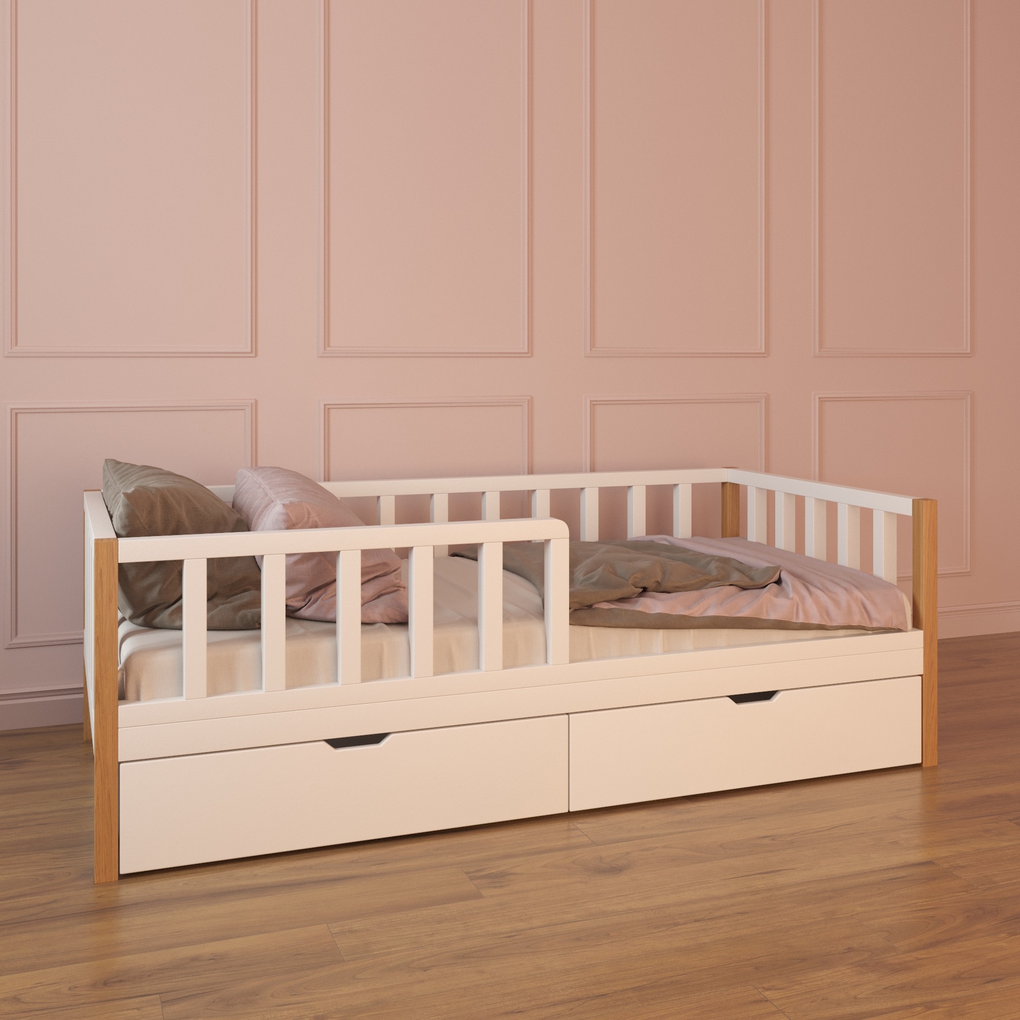 Białe łóżko dziecięce z szufladami i drewnianymi elementami na tle pudrowo-różowej ściany z dekoracyjnymi panelami i drewnianej podłogi.