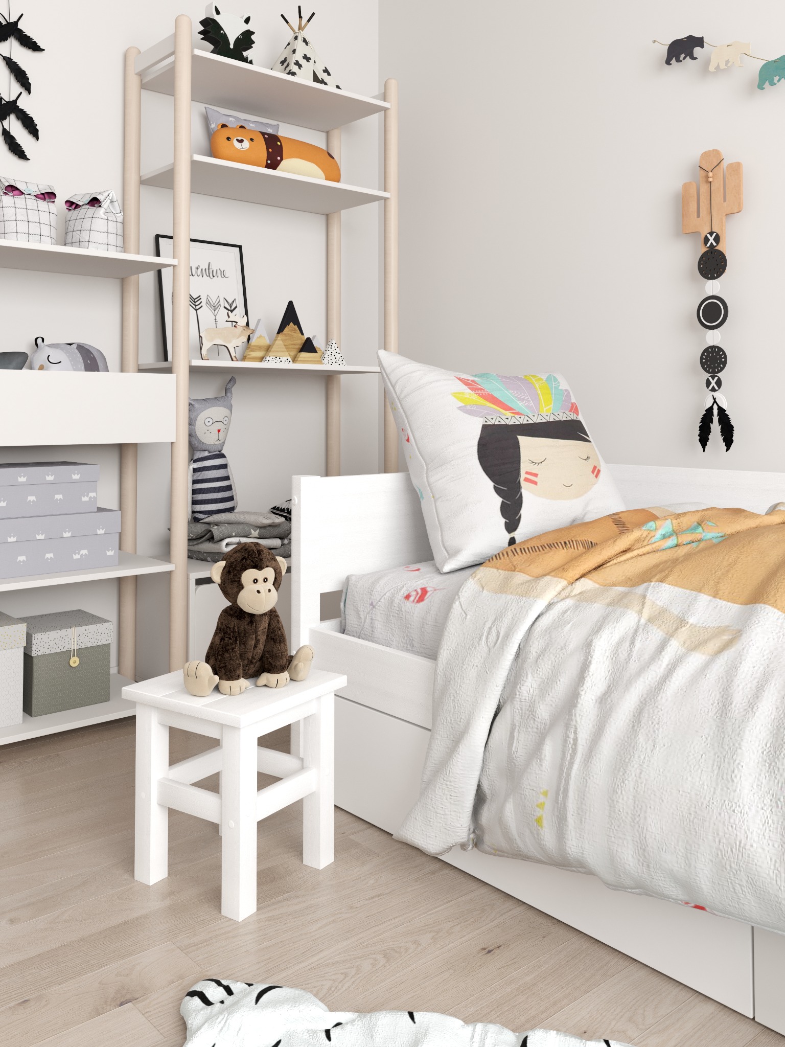 Pokój dziecięcy w stylu indiańskim: białe meble, regał z zabawkami, łóżko z poduszką z motywem indiańskim, drewniana podłoga i dekoracje ścienne.