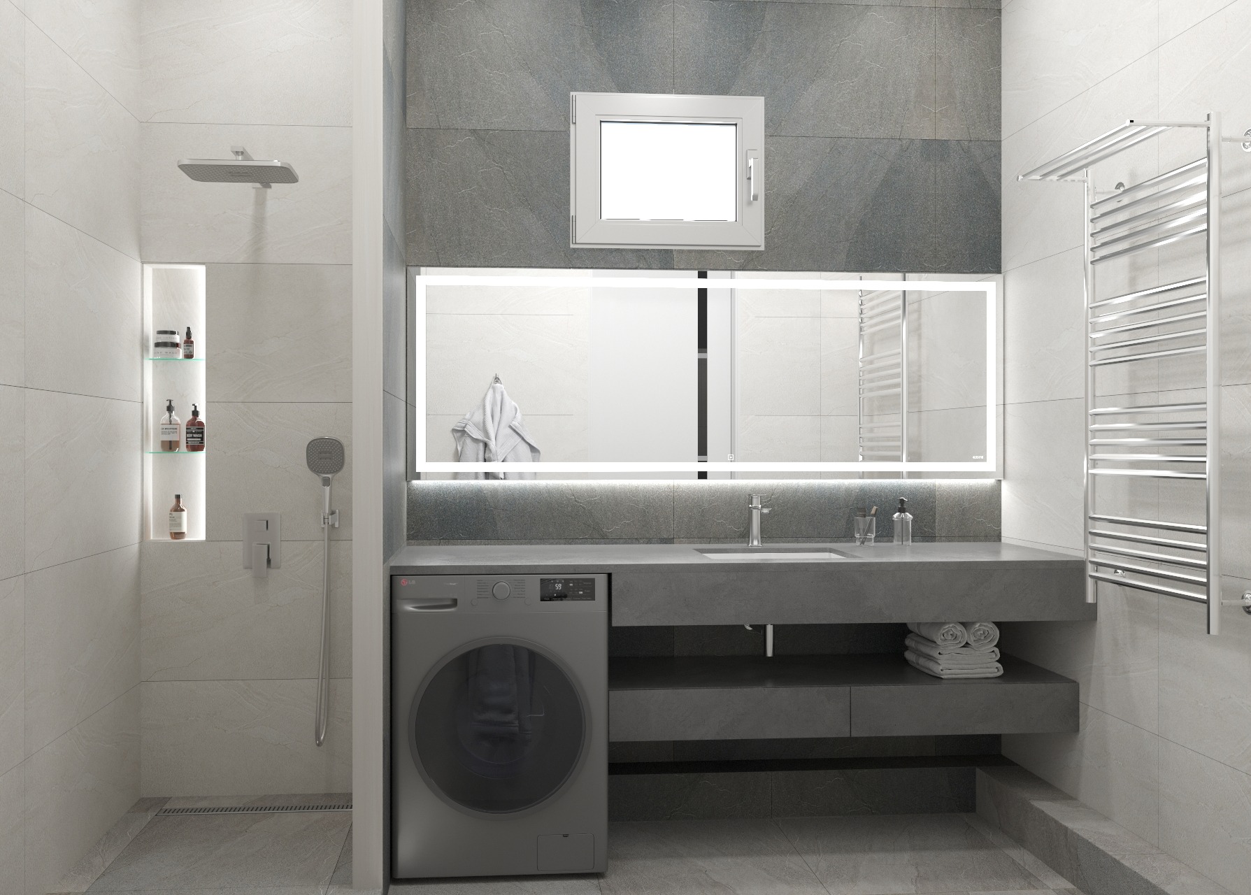 Nowoczesna łazienka z szarą pralką LG obok umywalki, podświetlane lustro, białe płytki imitujące kamień i grzejnik drabinkowy. Minimalistyczny design.