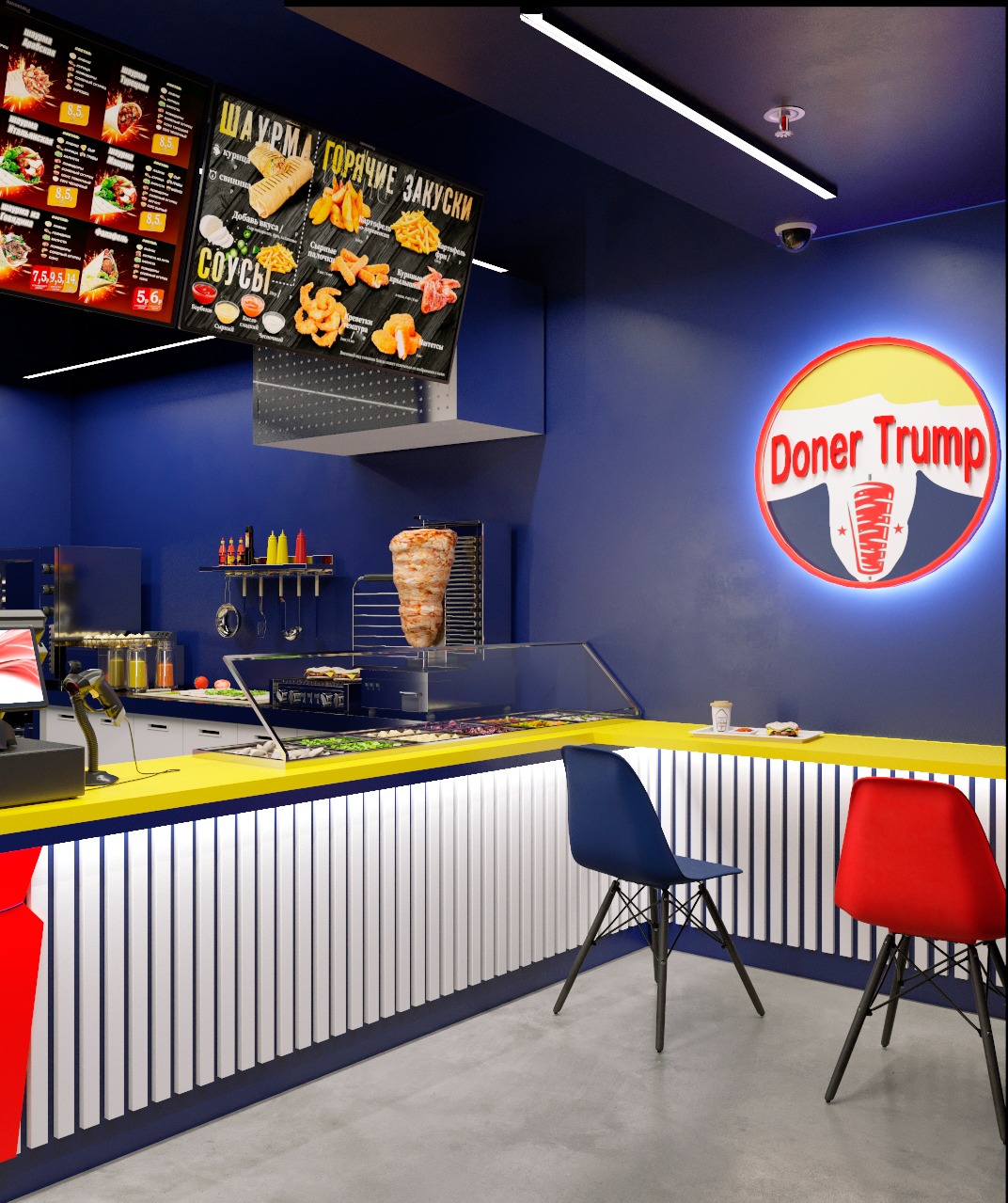 Wnętrze lokalu gastronomicznego w odcieniach niebieskiego z żółtym blatem, widoczne menu i logo 'Doner Trump', dwie krzesła: czerwone i niebieskie.