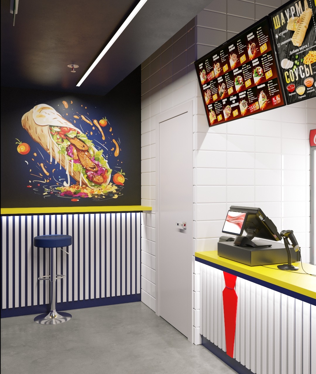 Wnętrze lokalu gastronomicznego z muralem shawarmy, menu na ścianie, ladą z kasą fiskalną i krzesłem barowym. Dominuje biel, żółć i granat w geometrycznych wzorach.