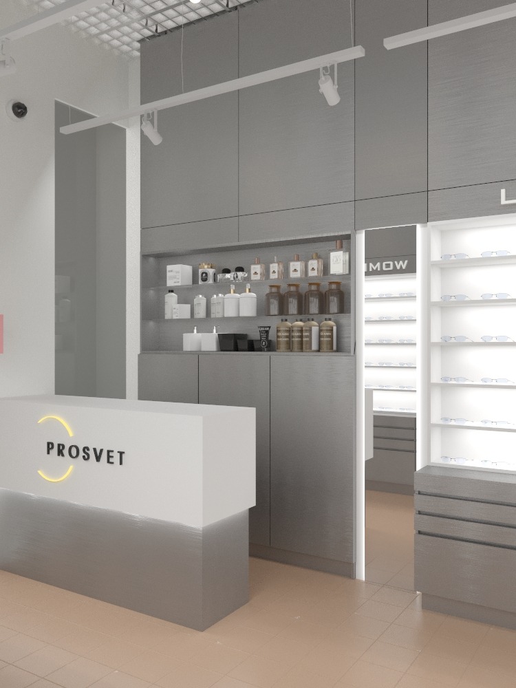 Projekt optyki: minimalistyczne wnętrze z recepcją 'PROSVET', szarymi szafkami i oświetlonymi półkami z okularami. Nowoczesny design, stonowana kolorystyka.