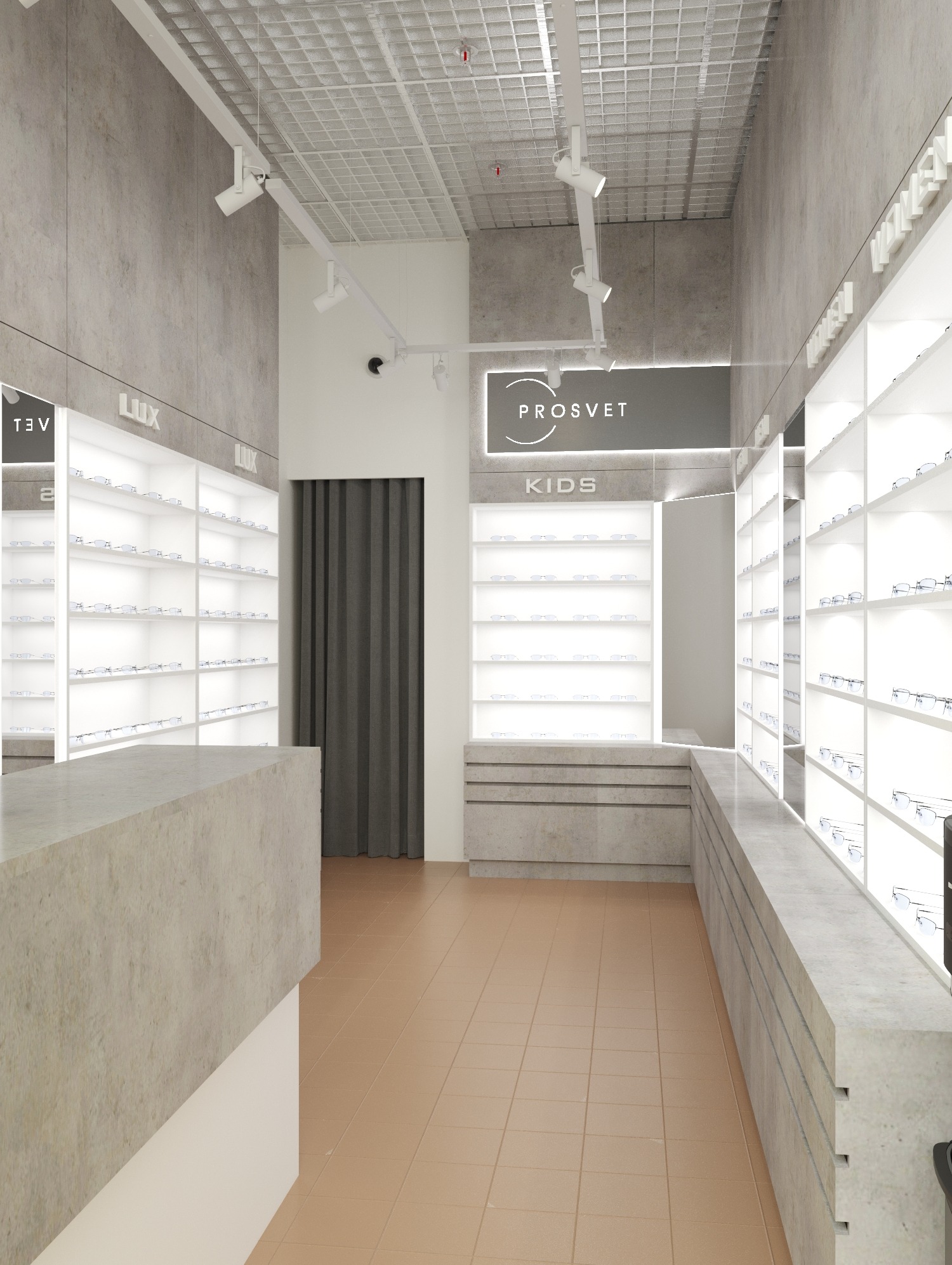 Nowoczesny wystrój salonu optycznego Prosvet Kids z oświetlonymi półkami na okulary, szarymi ścianami i beżową podłogą. Widoczny punkt obsługi klienta.