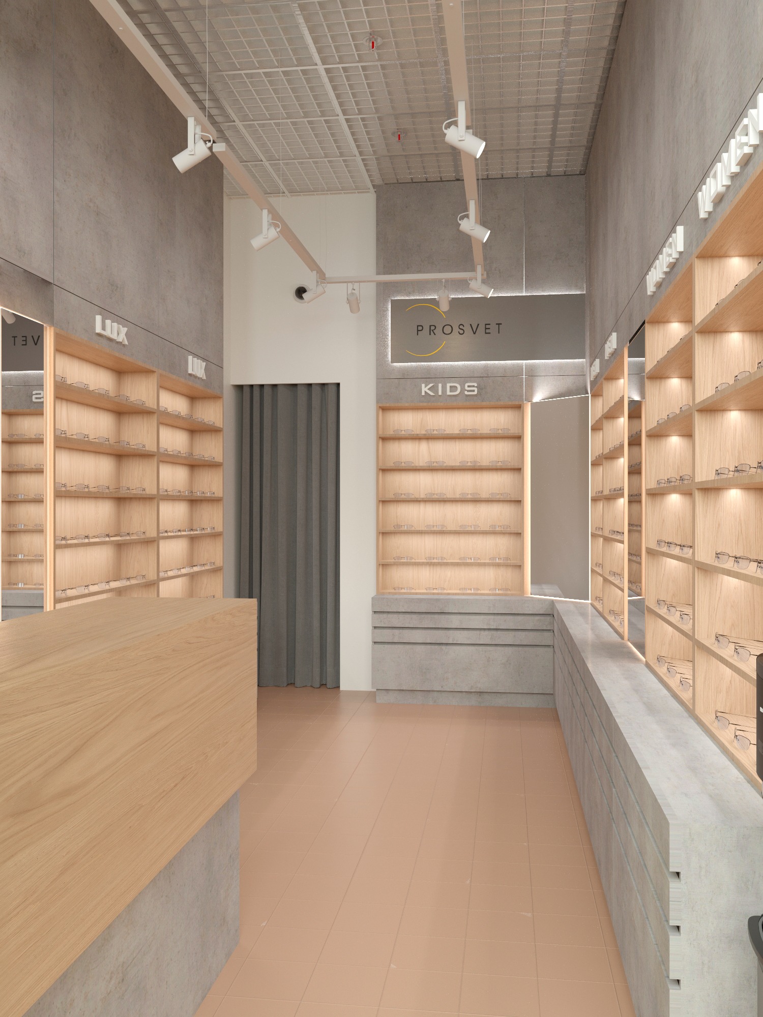 Wnętrze salonu optycznego z drewnianymi regałami na okulary, szarymi ścianami i beżową podłogą. Widoczne logo 'PROSVET KIDS' i oświetlenie punktowe.