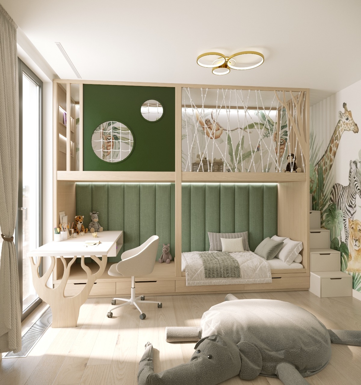 Pokój dziecięcy w stylu safari: łóżko piętrowe z biurkiem, zielone panele, motywy zwierzęce na ścianie, dywan w kształcie słonia i okrągłe lustra.