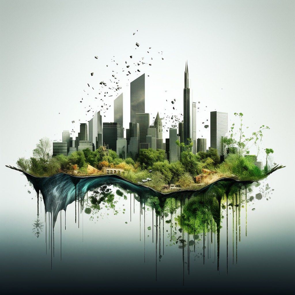 Koncepcja zrównoważonego rozwoju: Miasto przyszłości z zielenią, wodą i nowoczesną architekturą, ukazane w artystycznej wizualizacji z elementami abstrakcji.