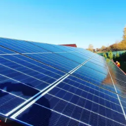 Instalacja paneli fotowoltaicznych na dachu domu w słoneczny dzień, widoczny pracownik w pomarańczowej kamizelce montujący panele.