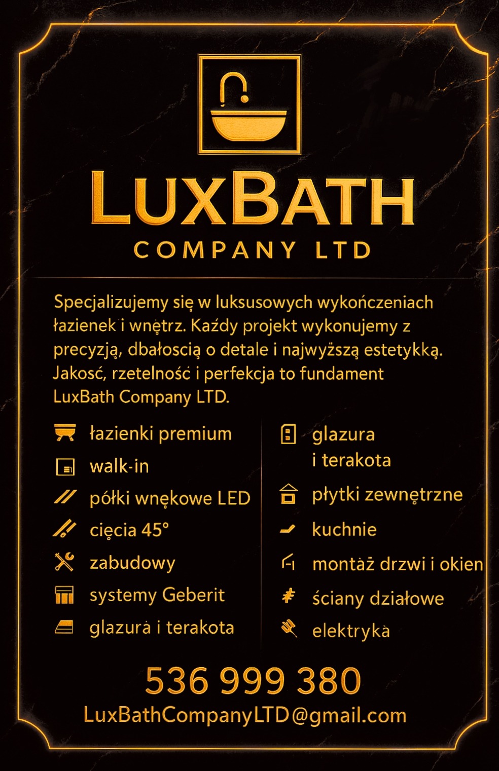 Elegancka grafika reklamowa LuxBath Company LTD z logo, ofertą luksusowych wykończeń łazienek i wnętrz, obejmującą glazurę, terakotę, montaż drzwi i okien.