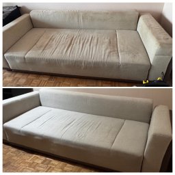 CHANCE FOR PURITY Volodymyr Dzhogola - Beżowa kanapa przed i po praniu tapicerki, widoczne różnice w czystości materiału. Ujęcie prezentuje efekt usługi czyszczenia mebli tapicerowanych.