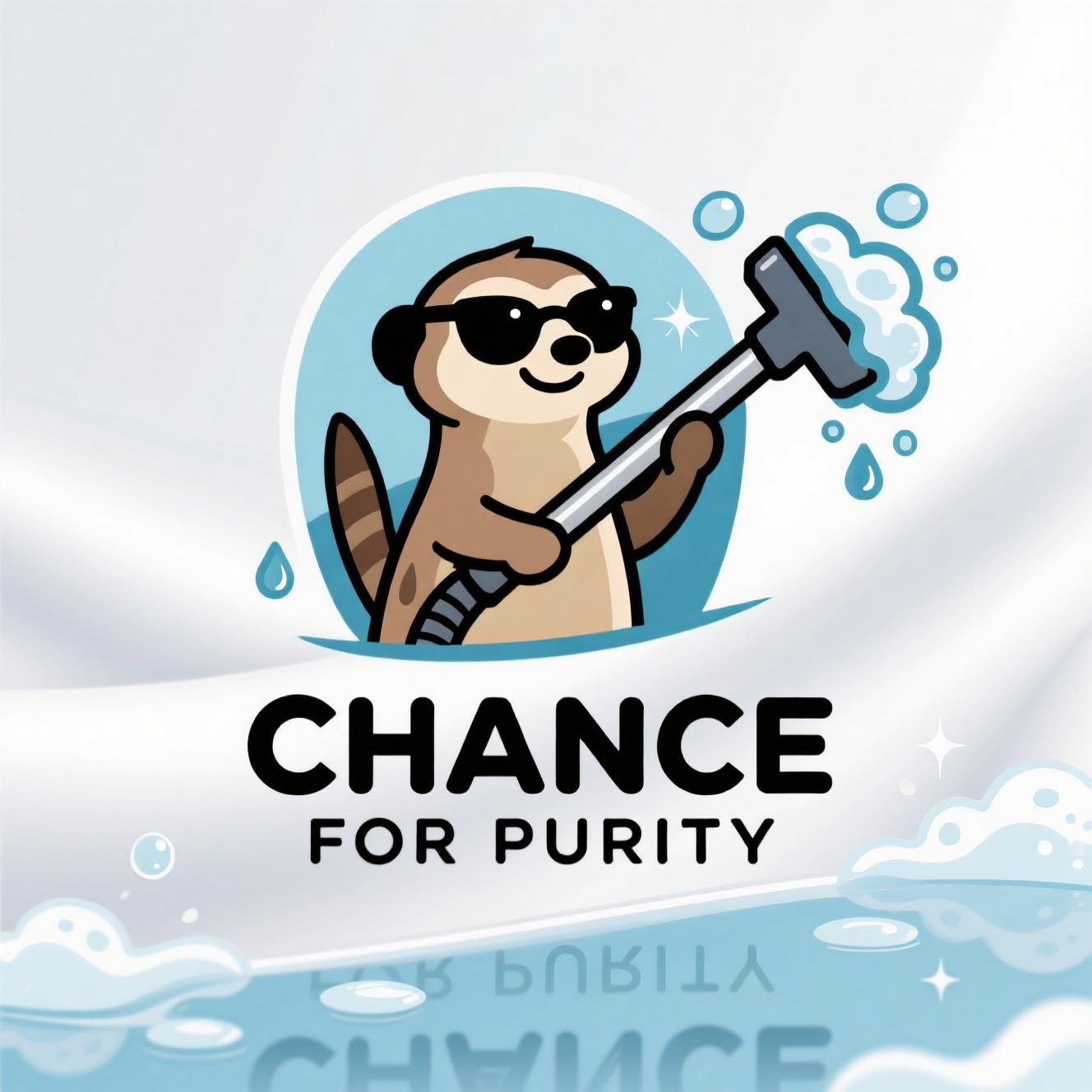 Kreskówkowy surykat w okularach czyści powierzchnię za pomocą narzędzia z pianą, logo 'Chance for Purity' z odbiciem w wodzie.