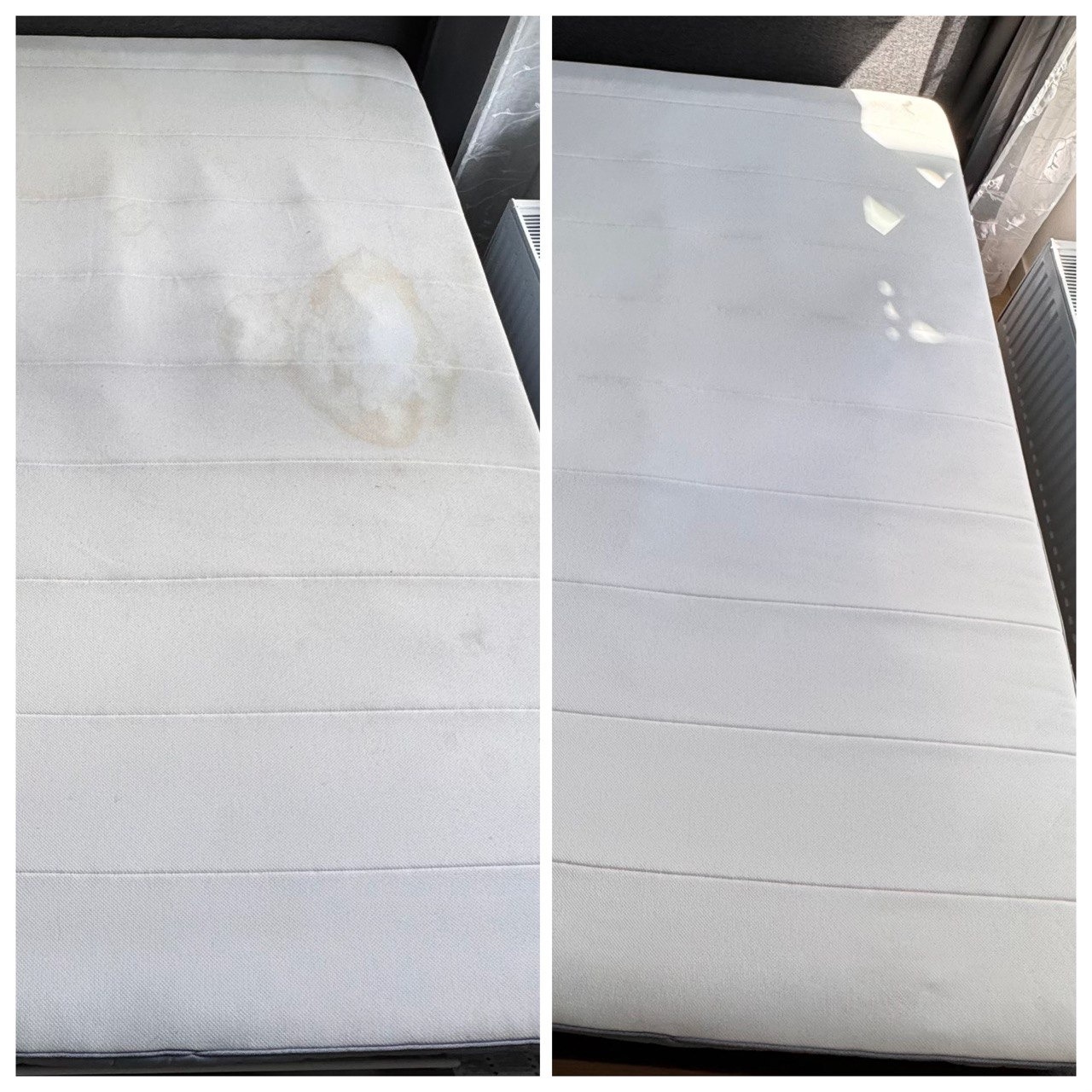 Materac przed i po czyszczeniu: po lewej widoczna plama, po prawej materac czysty, w jasnym świetle. Widoczne poziome przeszycia i szara rama materaca.